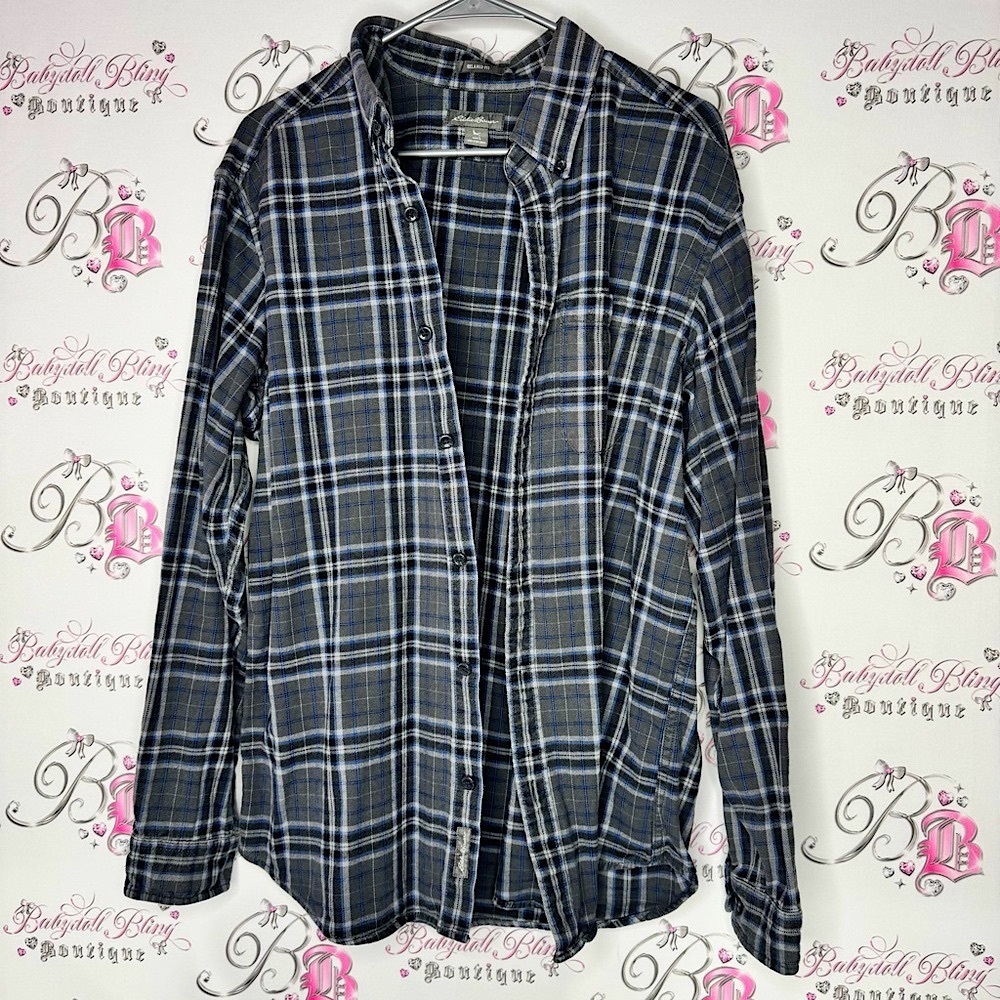 Eddie Bauer Blue grey black White Plaid Button-Up Shirt cottage outdoor